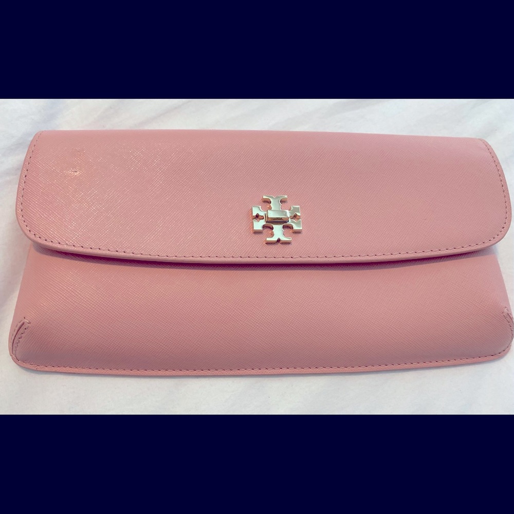 Tory Burch Pink Saffiano Leather Clutch with Gold Logo